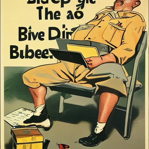 Image similar to a man sleeping at a computer is stung by a bumblebee, ww 2 allied propaganda poster, no text, highly detailed