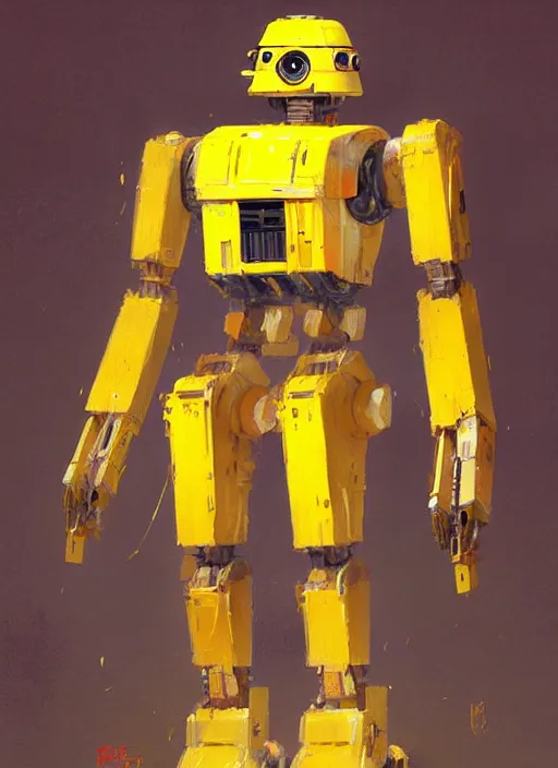 Image similar to tall strong intricate yellow pit droid, pancake short large head painterly mecha, by Greg Rutkowski