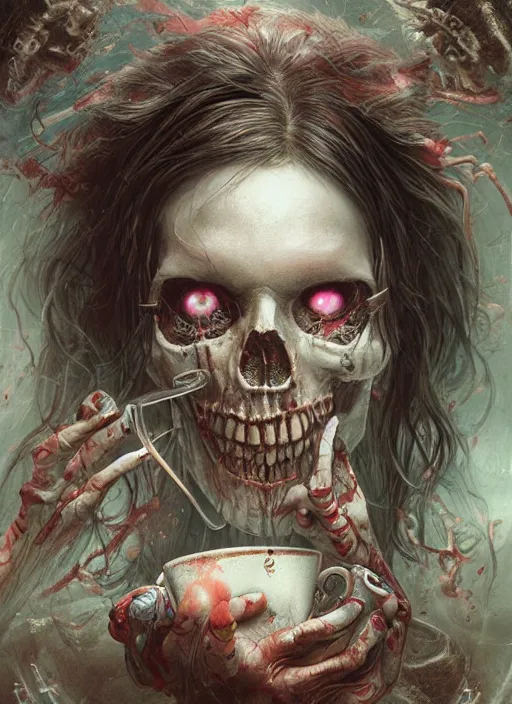 Image similar to Alice drinking tea,death tarot card,highly detailed,half skull face,cinematic,8k,by Stanley Artgermm,Tom Bagshaw,Greg Rutkowski,Carne Griffiths, Ayami Kojima, Beksinski, Giger,trending on DeviantArt,hyper detailed,horror, full of colour