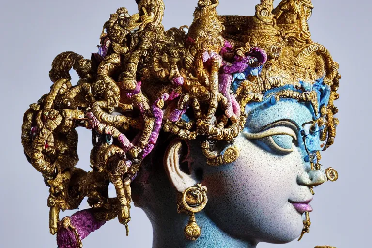 Image similar to full head and shoulders, beautiful female, colourful porcelain sculpture, hindu god, with lots of ornate gold leaf, attached to head by daniel arsham and james jean, on a white background, delicate facial features,