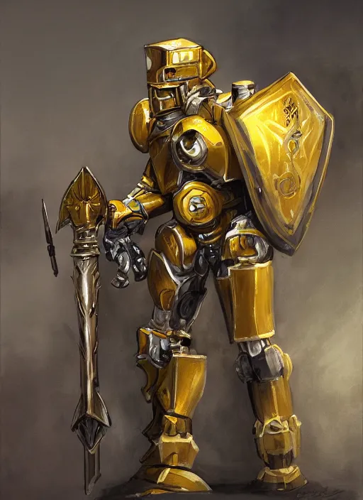 Image similar to dynamic portrait of a mecha warforged character in yellow armor holding a paladin engraved longsword and carrying a big shield, epic , trending on ArtStation, cinematic lighting, by Jesper Ejsing