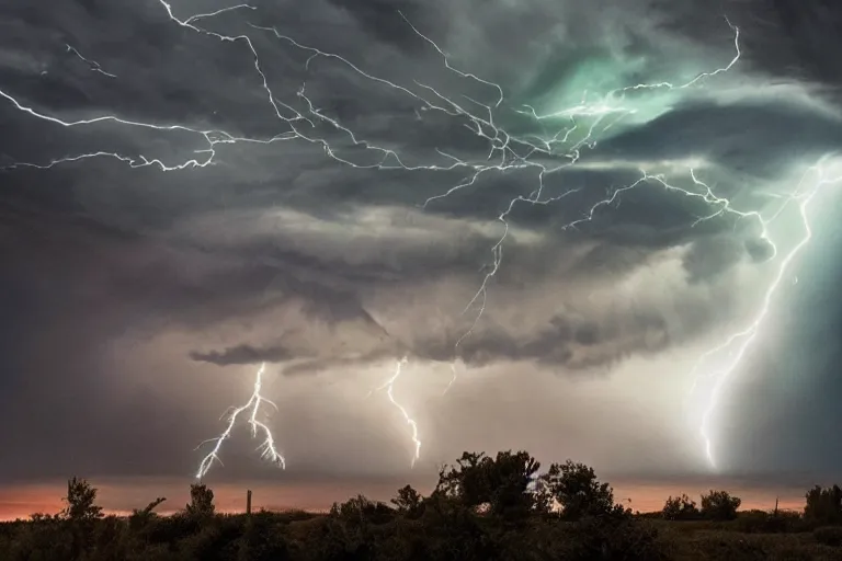 Prompt: tornado forming from a supercel cloud, rotating dark green and gray clouds, multicoloured lightning bolts shoot through the sky, debris flying around. Photo-realistic UHDR, hyperrealism, very detailed, cinematic,