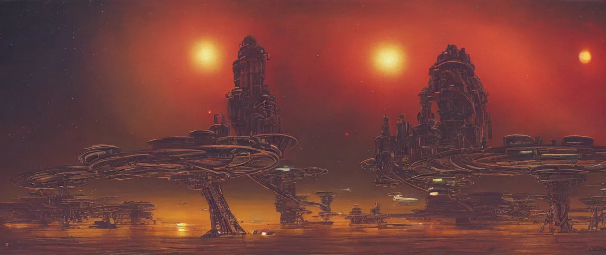 Image similar to a wide shot of a large distant hi-tech sci-fi spaceship from the outside, with a lot of bright color lights, bridges, turrets, pipes, orbiting a gas giant planet, beautiful, volumetric light, photography, color, intricate, extremely detailed, photorealistic, a painting by Beksinski