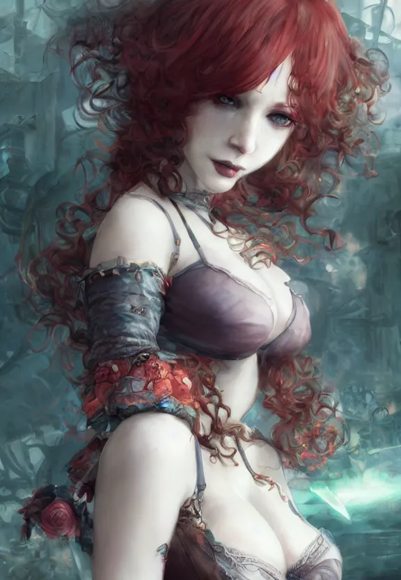 Image similar to christina hendricks!!!!! goth!!!!!, tankoban, 4 k, tone mapping, akihiko yoshida, james jean andrei riabovitchev marc simonetti, yoshitaka amano, long hair, curly, h. hydrochaeri