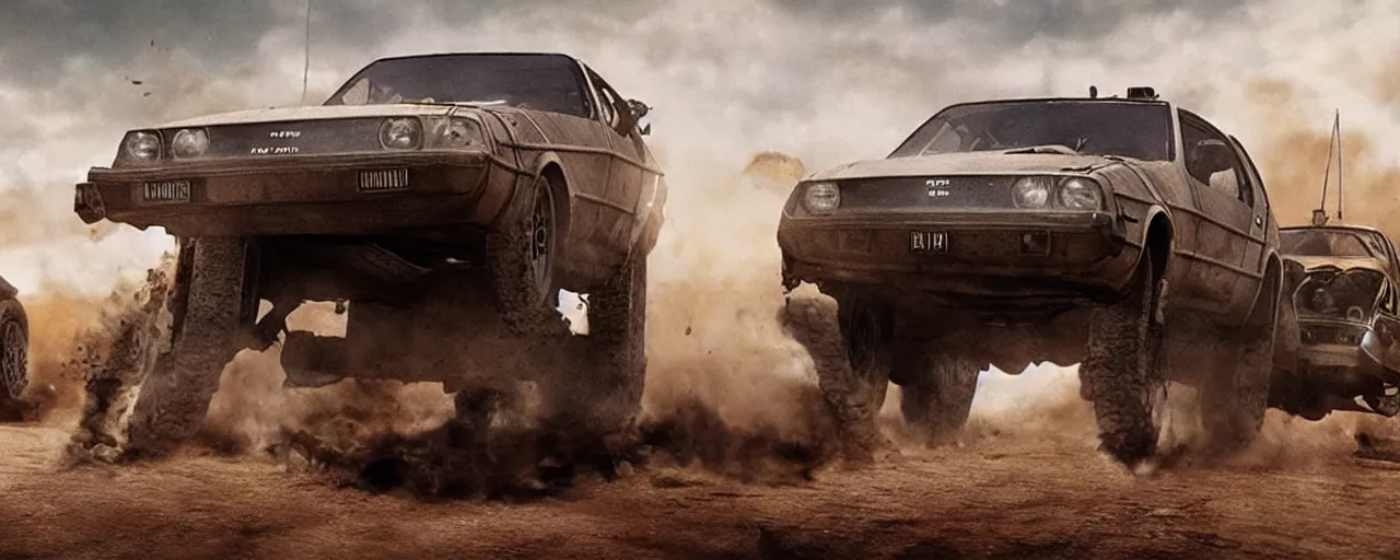 Prompt: Race, the Tank Engine, Delorean in MAD MAX: FURY ROAD