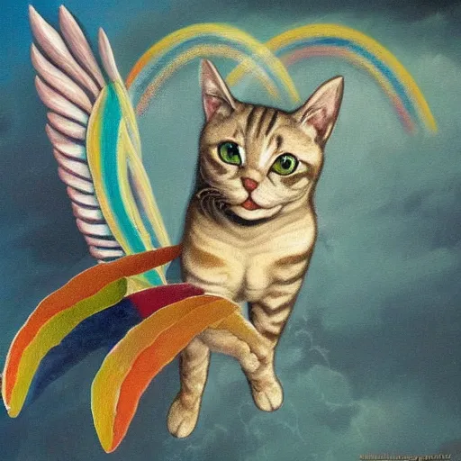 Image similar to a highly detailed painting of a cat with wings leaving a trail of rainbows behind in michelangelo style of painting