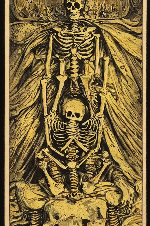 Image similar to tarot card of a king’s skeleton sitting on a decaying throne, ornate, gold foil, intricate design, detailed