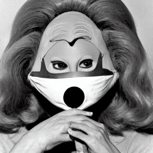 Prompt: 1970 twin women on tv show wearing a mask with a long prosthetic nose and nostril, wearing a leotard on the hillside 1970 color archival footage color film 16mm holding a hand puppet Fellini Almodovar John Waters Russ Meyer Doris Wishman