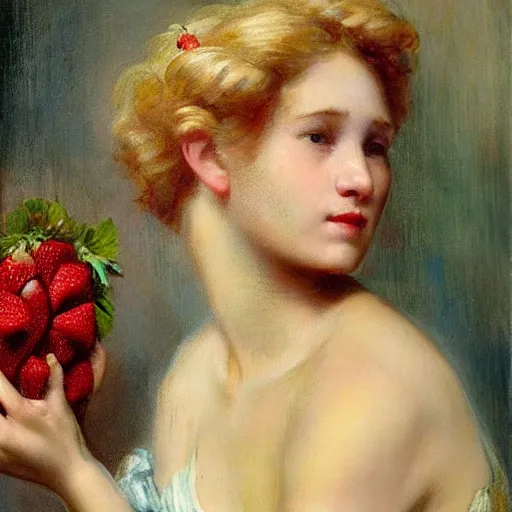 Image similar to A beautiful Blonde Woman with Locks selling strawberries in the style of Jean-Joseph Benjamin-Constant, Portrait