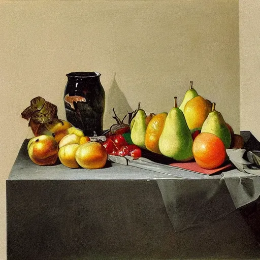 Image similar to A still life of a microwave, Gaspar Peeter, Max Carlier, painting, table, fruit bowl