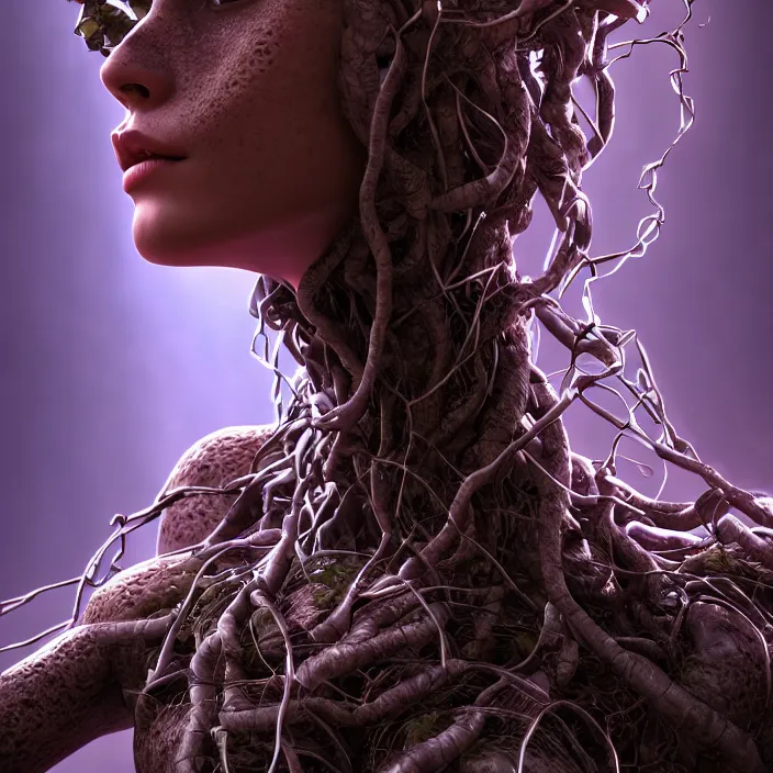 Prompt: female cyborg dryad portrait, entwined by vines and roots, octane render, cosmos background, surreal, light shining through, hyper - realistic, highly detailed, sharp focus, smooth, intricate