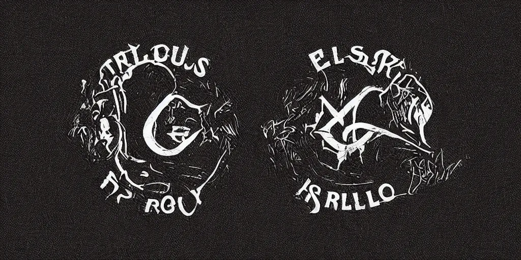 Image similar to Ellus logo, 70s progressive rock logo, typography, word, Rush band, Tool band, Eloy band, white font on black canvas