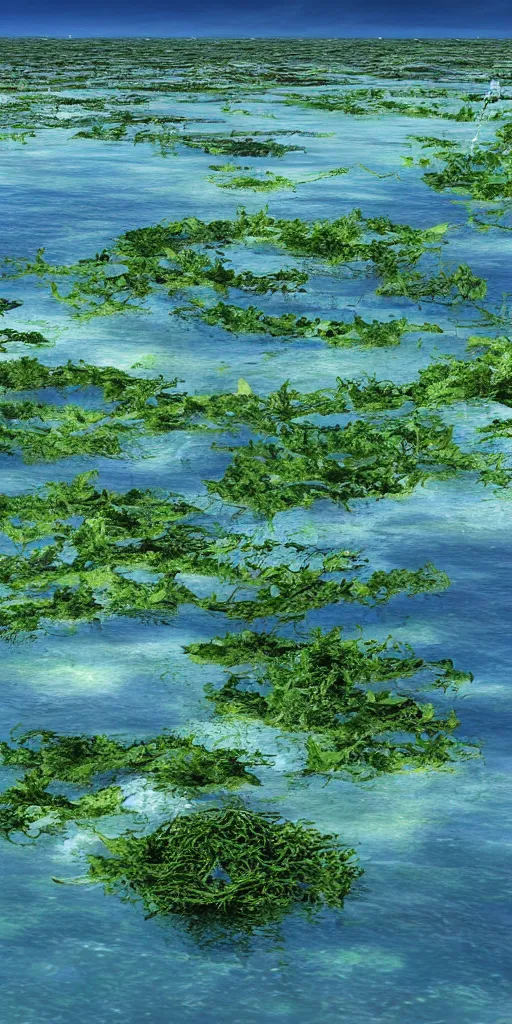 Image similar to concept art, marine agriculture, large - scale seaweed planting and production.