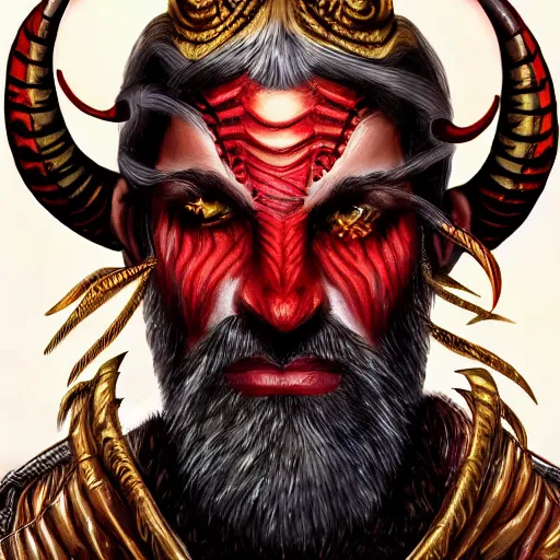 Image similar to dnd portrait of a tiefling, male, red scales, a big black beard, completely golden eyes, 2 curved horns growing out of his forehead,