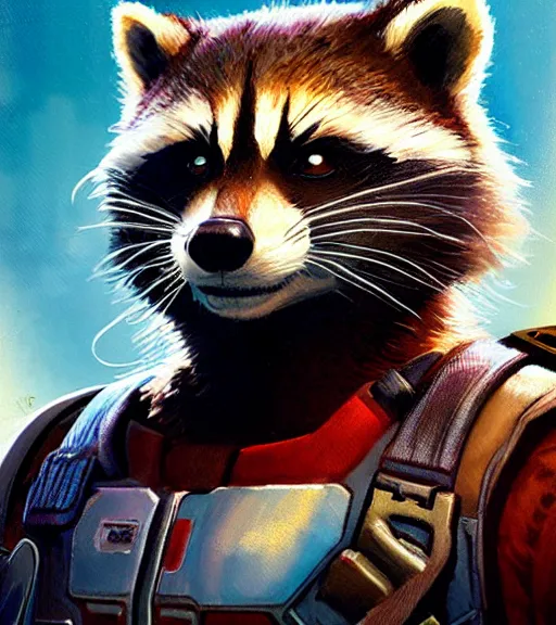 Image similar to a closeup portrait of Rocket Raccoon by Craig Mullins; extraordinary-masterpiece; realistic-lighting; 90mm; f/1.4