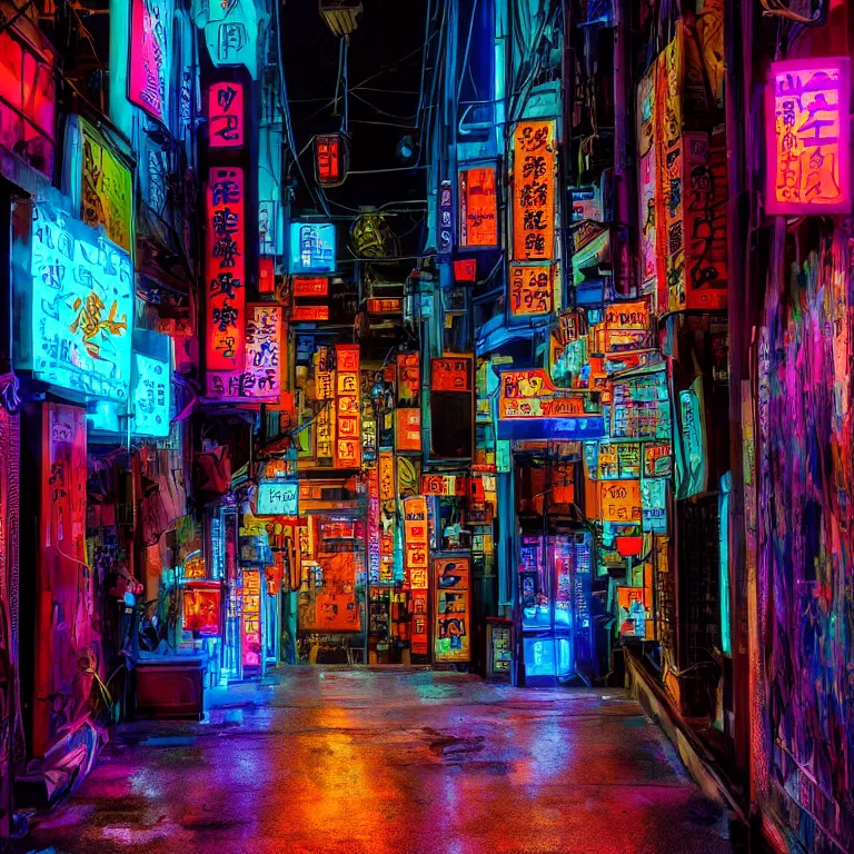 Image similar to electric oriental neon cat at night, in the dark alley of tokio. beautiful, cinematic multicolor lighting, photorealistic, hyperrealistic, highly detailed, close - up, high resolution, 4 k