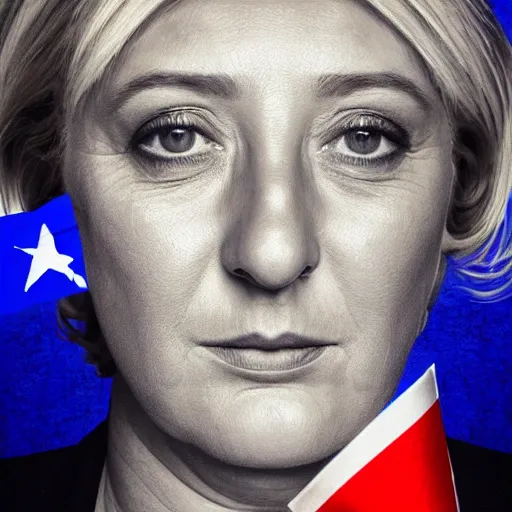 Image similar to Portrait of Marine Le Pen, french flag, amazing splashscreen artwork, splash art, head slightly tilted, natural light, elegant, intricate, fantasy, atmospheric lighting, cinematic, matte painting