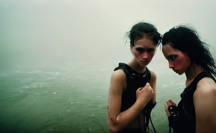 Image similar to cinestill 5 0 d candid photographic portrait by helen levitt of two loving female androids wearing rugged black mesh techwear in treacherous waters, extreme closeup, modern cyberpunk moody emotional cinematic, dust storm, 8 k, hd, high resolution, 3 5 mm, f / 3 2, ultra realistic faces, ex machina