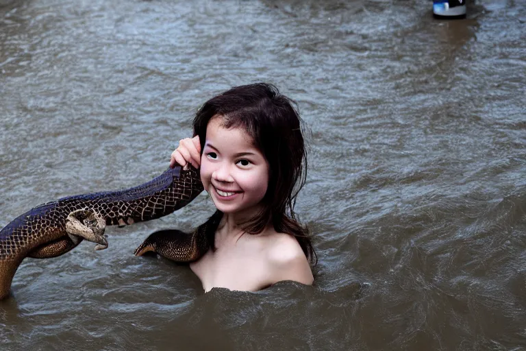 Image similar to closeup portrait of a girl carrying a python over her head in a flood in Pitt Street in Sydney in Australia, photograph, natural light, sharp, detailed face, magazine, press, photo, Steve McCurry, David Lazar, Canon, Nikon, focus