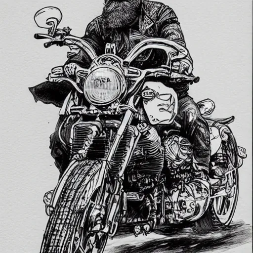 Image similar to bearded biker, intricate ink drawing, highly detailed in the style of Ashley wood