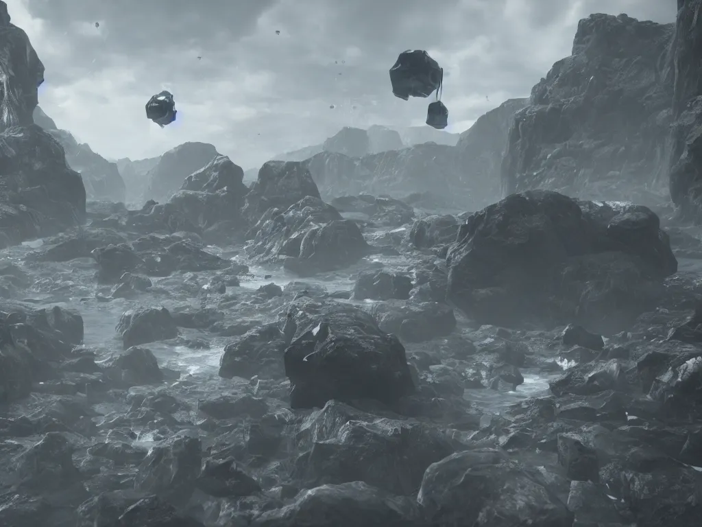 Prompt: Death Stranding black cube in air, rendered in Unreal