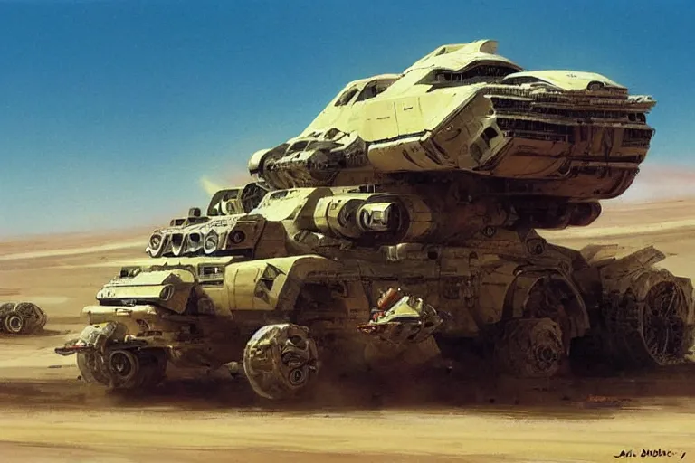 Image similar to a futuristic troop transport with eight wheels and a huge laser cannon on top driving across a vast desert, painting by john berkey