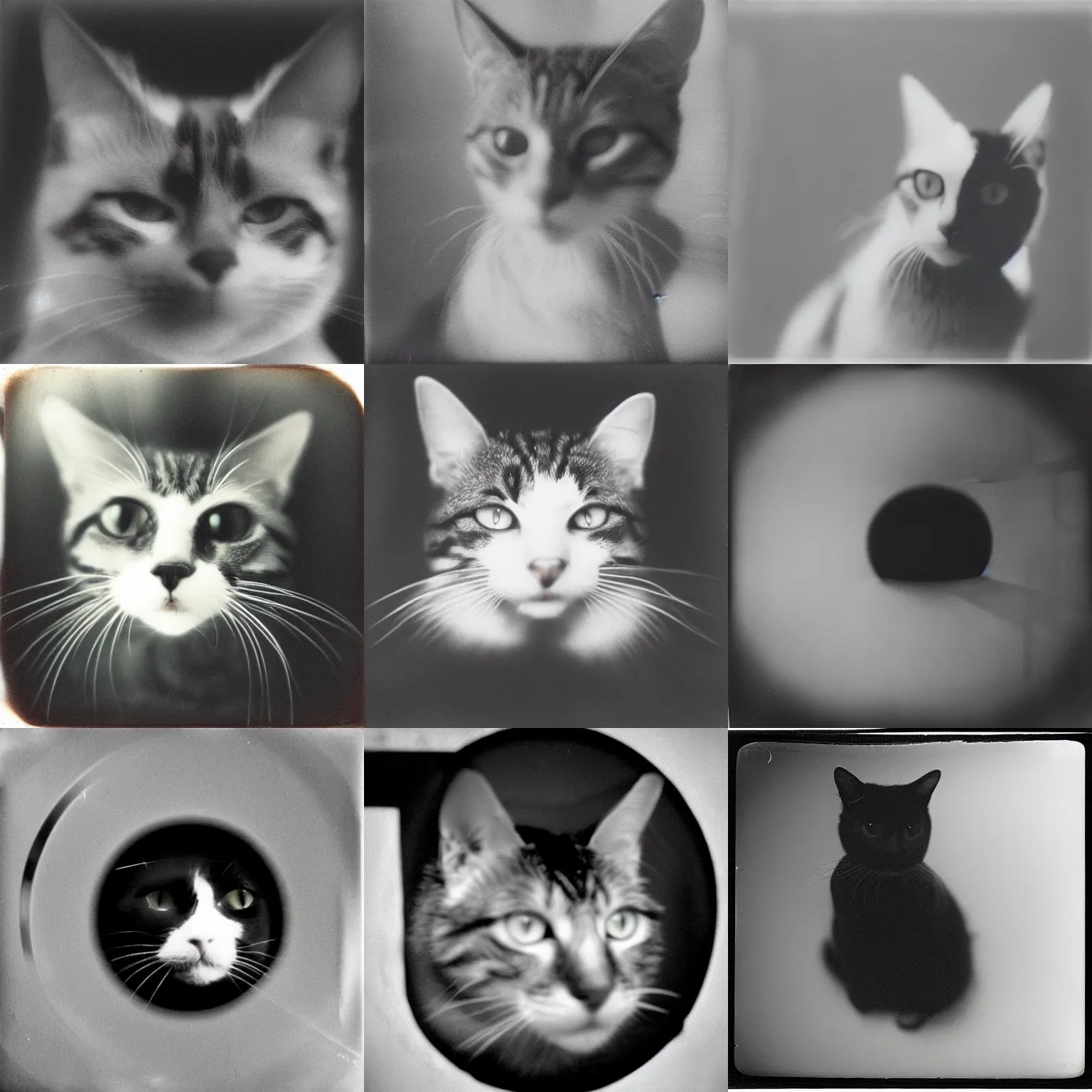 Prompt: “pinhole black and white warped film photograph portrait of a cat, antique scan”