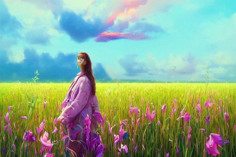 Image similar to giant gladiola head, girl walking in field of flowers, surreal photography, sunrise, blue sky, dramatic light, impressionist painting, digital painting, artstation, simon stalenhag