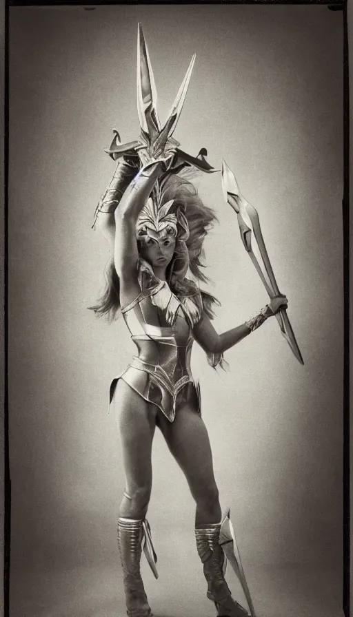 Image similar to she - ra, portrait, full body, symmetrical features, silver iodide, 1 8 8 0 photograph, sepia tone, aged paper, sergio leone, master prime lenses, cinematic