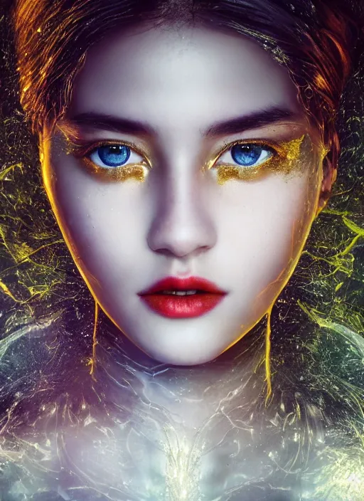 Prompt: glowing silver and golden elements, full close-up portrait, young female model from shutterstock as a dark witch, book cover, green forest, white moon, red lips, establishing shot, extremly high detail, photo-realistic, cinematic lighting, pen and ink, intricate line drawings, by Yoshitaka Amano, Ruan Jia, Kentaro Miura, Artgerm, post processed, concept art, artstation, matte painting, style by eddie, raphael lacoste, alex ross