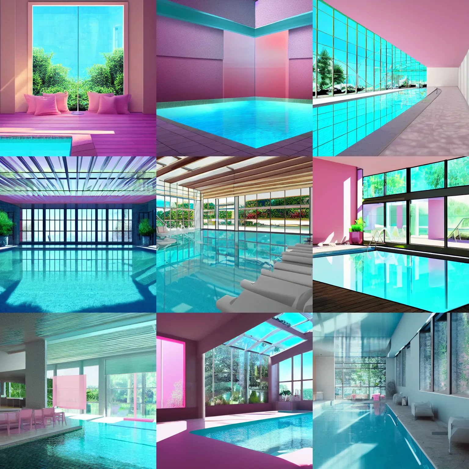 Image similar to A sunlit indoor lounge area with a pool with clear water and another pool with translucent pastel pink water, next to a big window, digital art