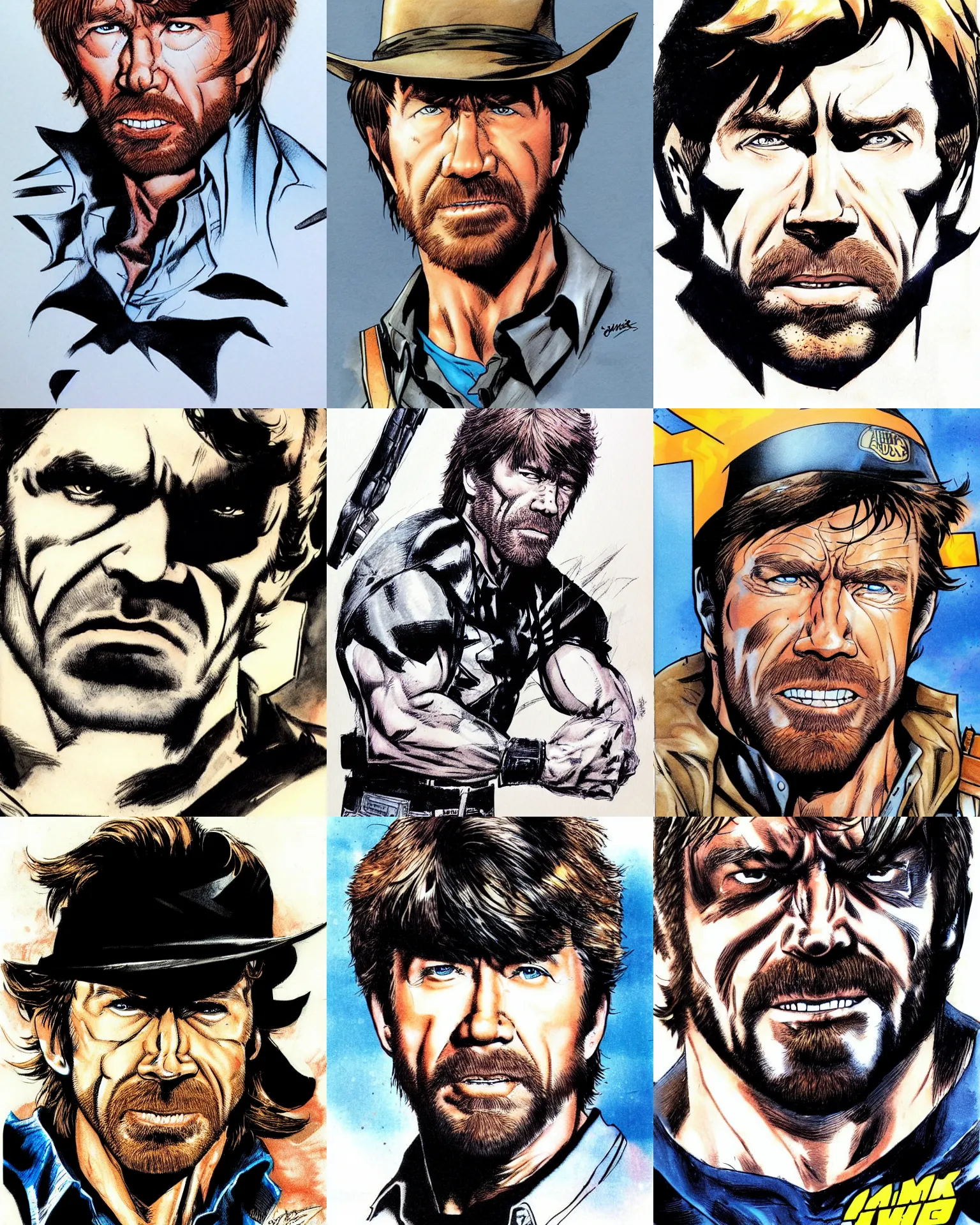 Prompt: chuck norris!!! jim lee!!! flat ink color very airbrushed gouache ink sketch by jim lee face close up headshot in the style of jim lee, x - men superhero comic book character by jim lee