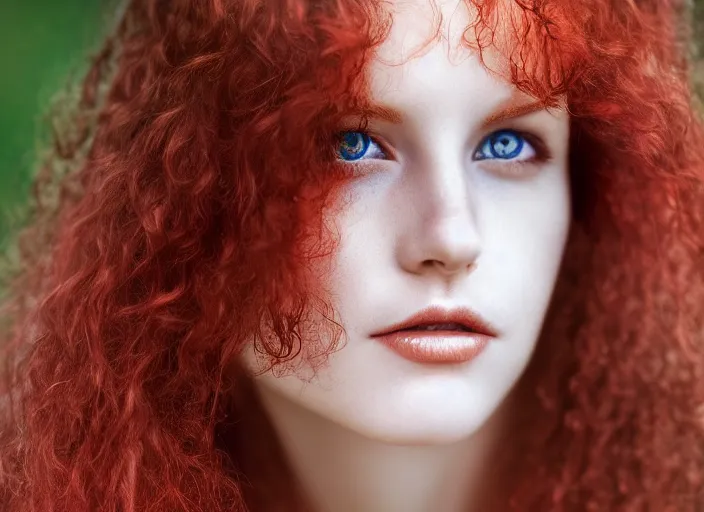 Image similar to award winning 5 5 mm close up face portrait photo of an anesthetic gorgeous redhead woman with small nose, blood - red wavy hair and intricate eyes, in a park by luis royo