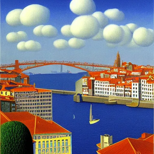 Image similar to Porto skyline, painting by rene magritte, high detail, high resolution