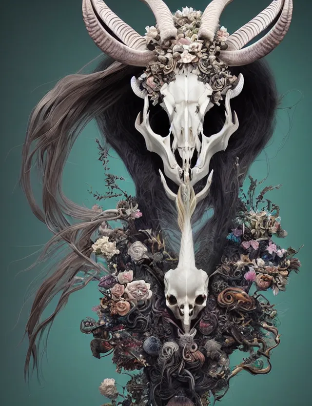 Image similar to 3 d goddess goat skull half - turn portrait with long hair with ram skull. beautiful intricately detailed japanese crow kitsune mask and clasical japanese kimono. betta fish, jellyfish phoenix, bio luminescent, plasma, ice, water, wind, creature, artwork by tooth wu and wlop and beeple and greg rutkowski