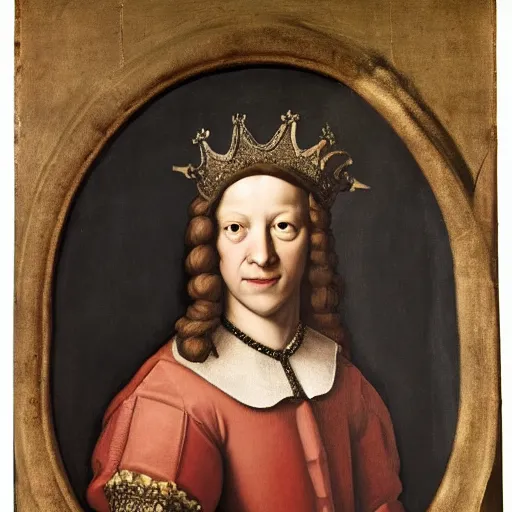 Image similar to renaissance style portrait of a cuttlefish wearing a crown and a cape, dark background