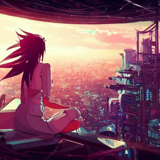 Prompt: android mechanical cyborg anime girl kneeling overlooking overcrowded urban dystopia. long flowing hair. pink pastel clouds. gigantic future city. pitch black night. raining. makoto shinkai. wide angle. distant shot. dark and dreary.