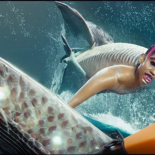 Image similar to cinematic shot of Cardi B riding on the back of a giant tuna fish in the ocean, bright lighting, 8k, very intricate, very detailed,