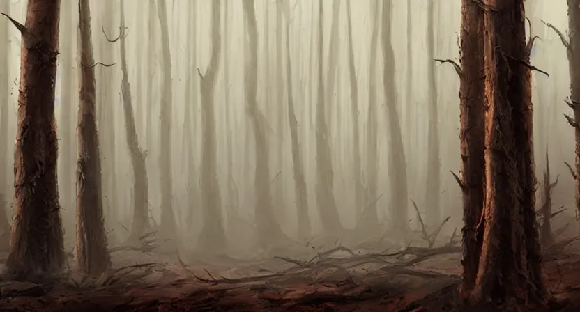 Image similar to a barren lifeless forest with burned trees concept art by Doug Chiang cinematic, realistic painting, high definition, very detailed, extremely high detail, photo realistic, concept art, red color palette, the Mandalorian concept art style