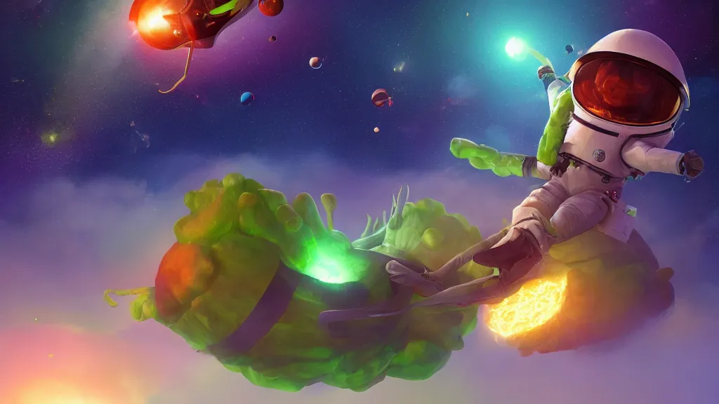 Image similar to Android cowboy riding a giant vegetable in outer space, volumetric lighting, digital painting, artstation, very detailed, hyperrealistic