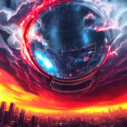 Prompt: a massive black glowing sphere in the center of the sky surrounded by swirling firestorm clouds, a detailed wide cityscape modern, wide perspective, highly detailed digital art, cinematic, bright colors, hyper realism, oil on canvas, trending on Artstation, octane render