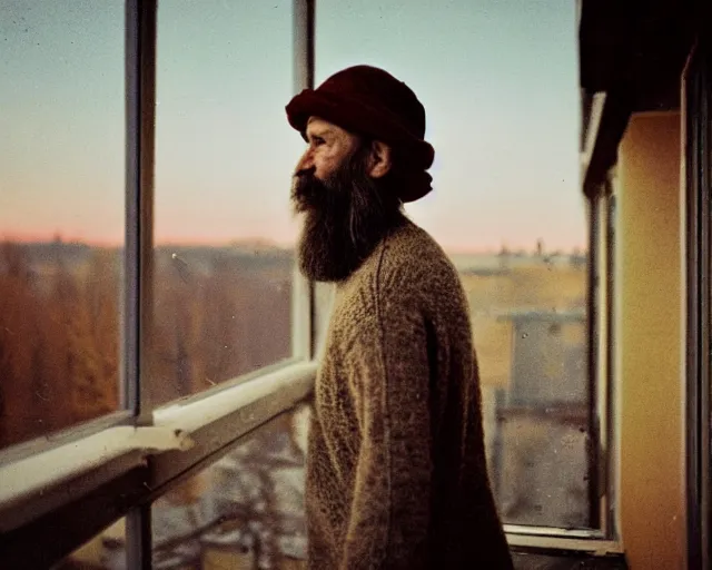 Image similar to 4 0 years russian man with beard and sweater standing on small hrushevka 9 th floor balcony in taiga looking at sunset, award - winning lomographic tarkovsky film still, kodak ektar, bokeh