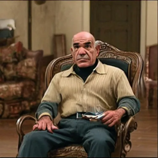 Prompt: lalo salamanca sitting in a chair with his gun