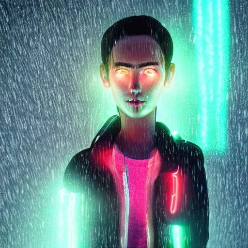 Image similar to cartoon portrait made out of rain, neon, rendered in octane, unreal engine, highly detailed, realistic, beautiful, emotional, trending on artstation