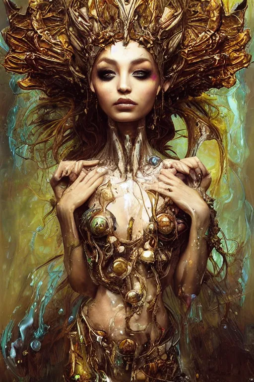 Prompt: close - up portrait of very beautiful elf by irakli nadar with intricate detailed color smashing fluid oil paint and acrylic, headdress made of bones, melting wax, mycelia, abstract impressionism, ruan jia, fantasy, hyper detailed, concept art, by peter mohrbacher and gustav klimt,
