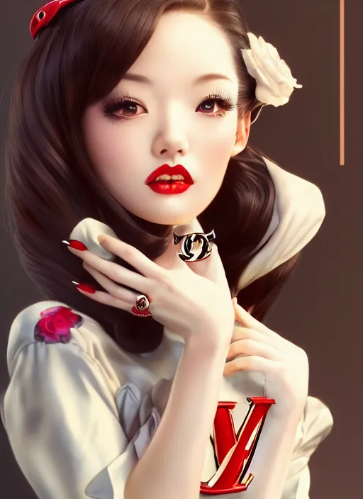 Image similar to a pin up and beautiful fashion dreamlke japan girl with lv jewelry, character art, art by artgerm, wlop, loish, hyperdetailed, 8 k realistic, symmetrical, global illumination, radiant light, frostbite 3 engine, cryengine, dof, trending on artstation, digital art, chanel, dior, detailed background