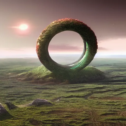 Prompt: a realistic depiction of a landscape on ringworld, clearly showing the ring on the horizon