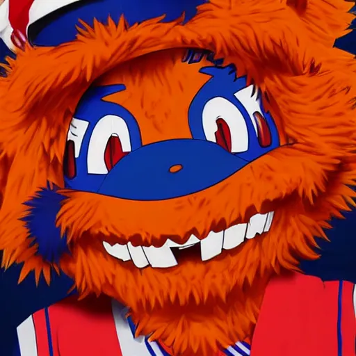 Image similar to anime Portrait of Youppi the Habs Montreal Canadiens Mascot as a very cute powerful and friendly pokemon in a Cheetos Ad, highly detailed anime, high evolution, 1990s, legendary, smooth, sharp focus, dynamic lighting, intricate, trending on ArtStation, cheetos pub, illustration pokemon, art by WLOP