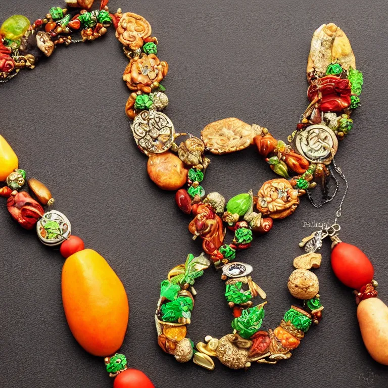 Prompt: necklace made from food, jewelry made from food, detailed, high quality, detailed, high quality, 8 k resolution, trending on artstation