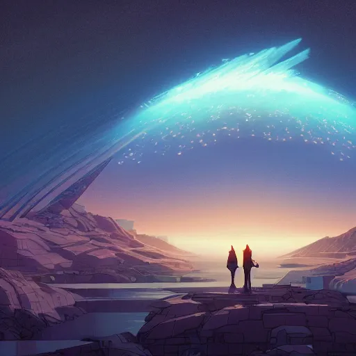 Image similar to the second coming of halley's comet by dan mumford, yusuke murata, makoto shinkai, ross tran, cosmic, heavenly, god rays, intricate detail, cinematic, 8 k, cel shaded, unreal engine, featured on artstation, pixiv